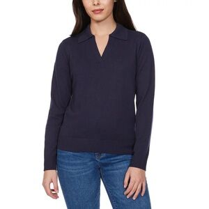 LOFT Navy Fine Knit Sweater w/ Johnny Collar M| Soft Lightweight Preppy Chic Top